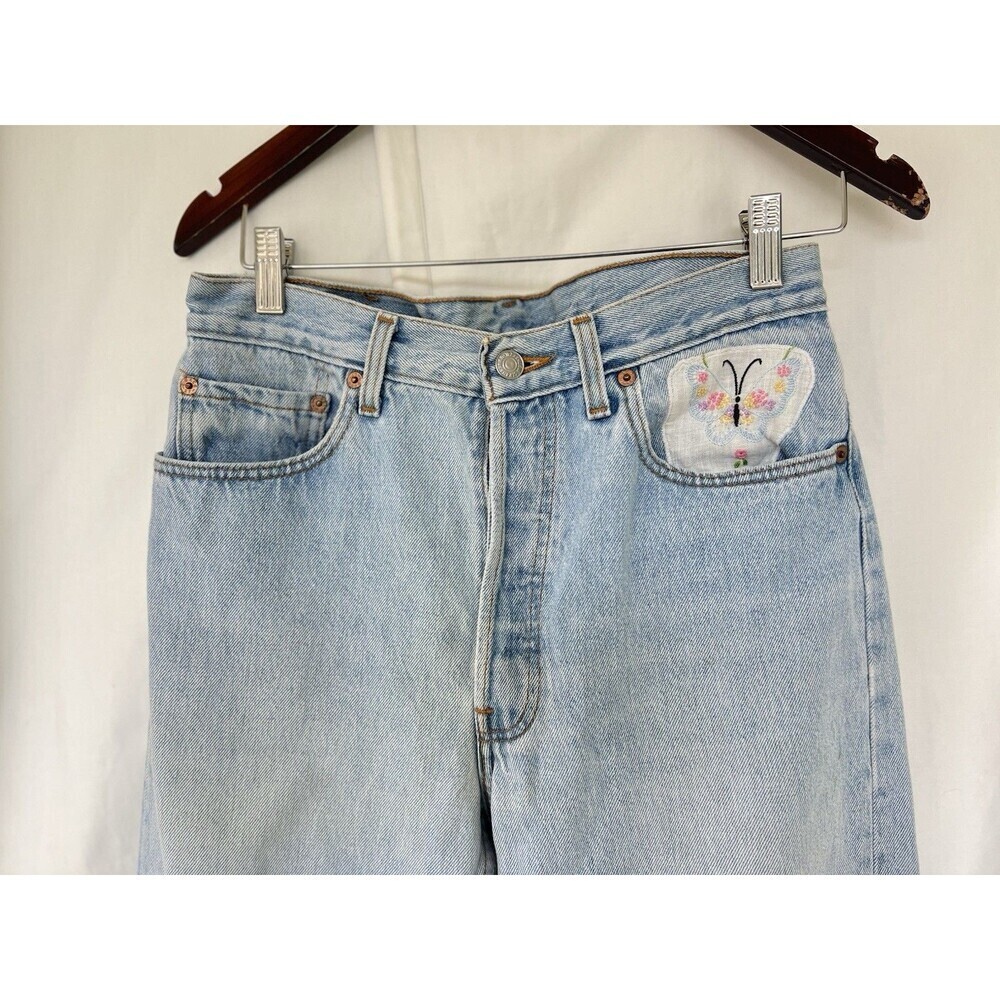 Levi’s 501 Jeans 32 Light Wash Floral Embroidered Cuffs Butterfly Patch USA Made - Picture 2 of 6